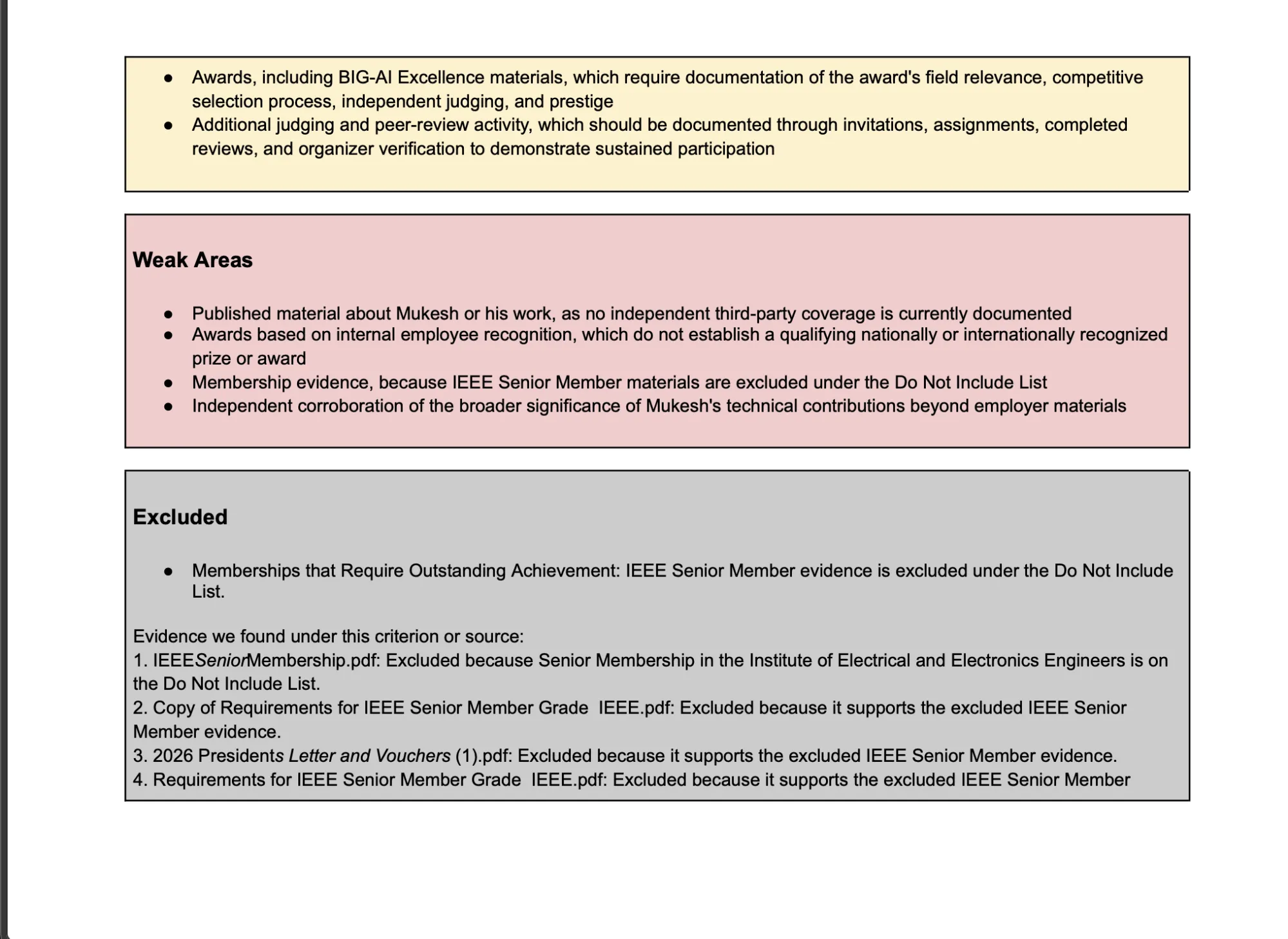 Slide with three colored panels: Awards (yellow), Weak Areas (pink), Excluded (gray) showing bullet points under each heading.