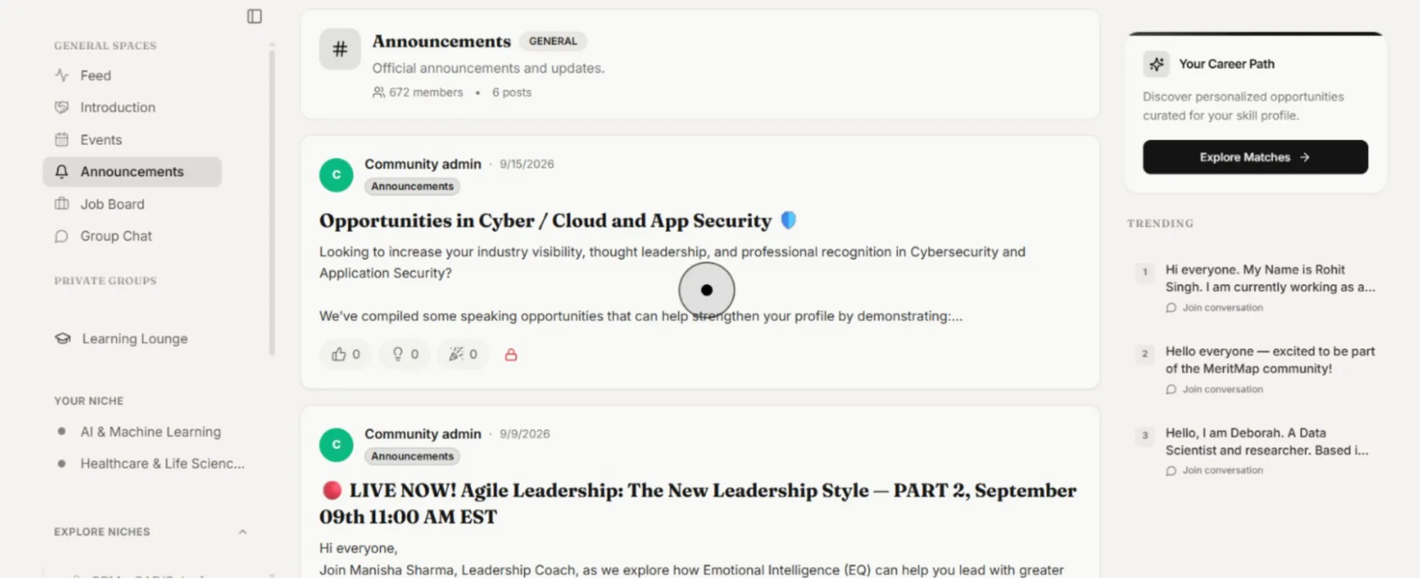Dashboard-style community feed with a left navigation rail (Announcements, Feed, Events), a central announcements/post stream showing a cyber/security opportunities post, and a right sidebar featuring 'Your Career Path' and a 'Trending' list