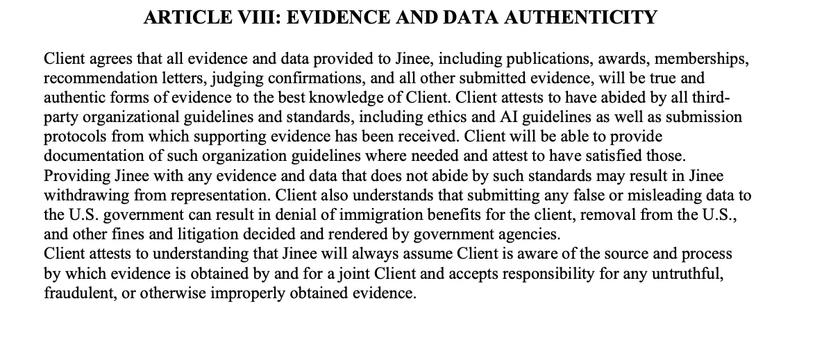 Page of a formal contract titled ARTICLE VIII: EVIDENCE AND DATA AUTHENTICITY; describes that all evidence provided will be true and authentic and outlines client attestations and potential consequences for noncompliance.