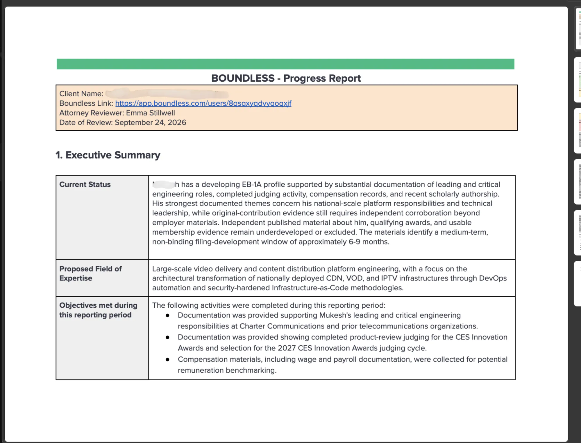 Page from Boundless Progress Report showing a beige client-info box with a link, attorney reviewer, and date, followed by the 'Executive Summary' section and a status table.