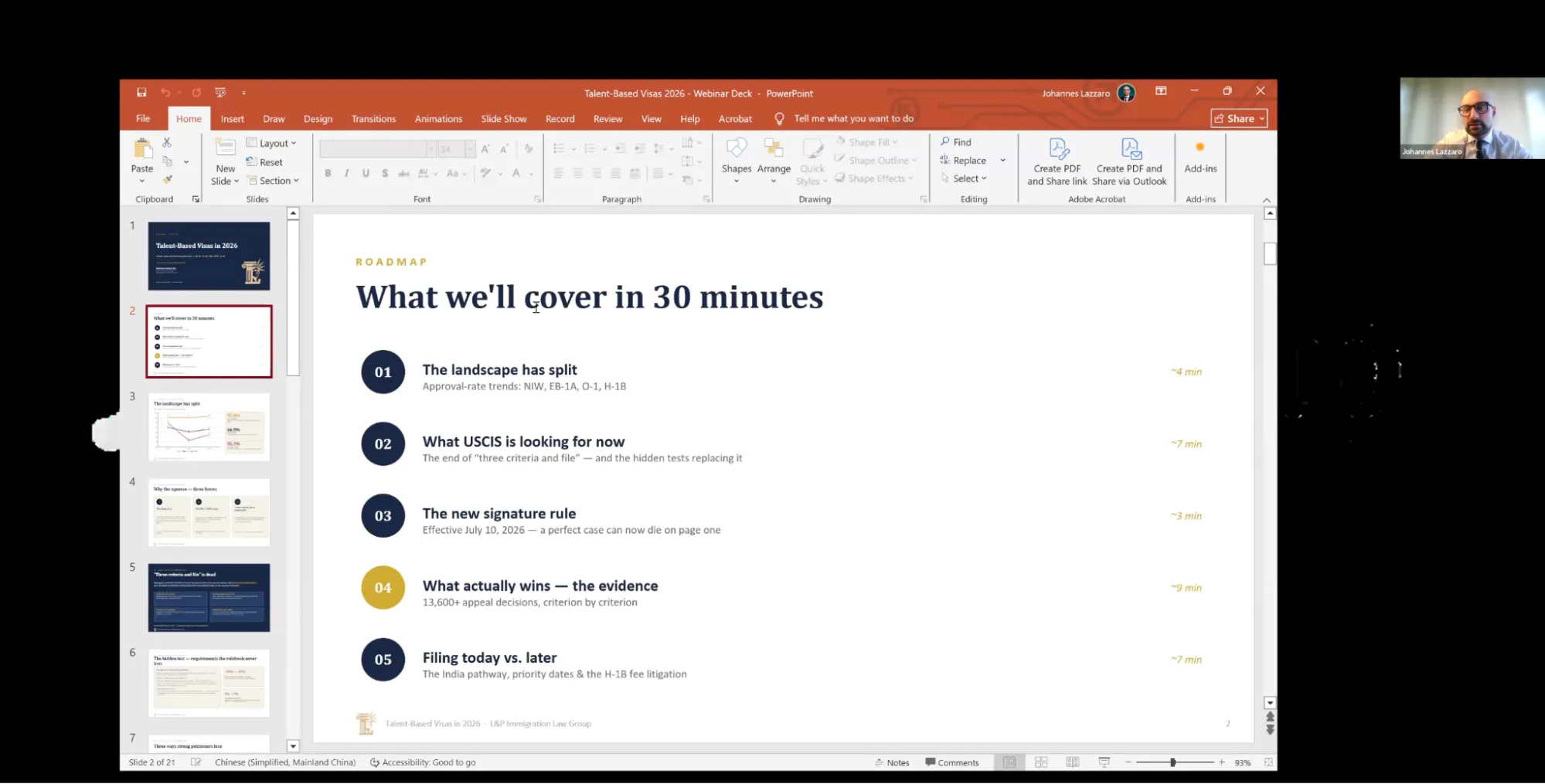 Slide from a PowerPoint deck showing 'What we'll cover in 30 minutes' with numbered topics (01 The landscape has split, 02 What USCIS is looking for now, 03 The new signature rule).