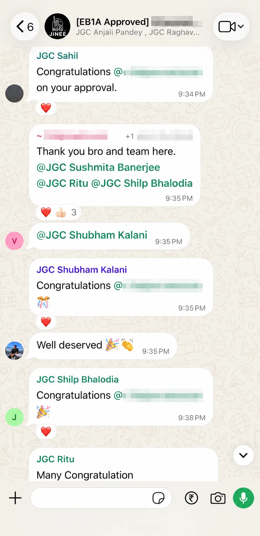WhatsApp chat screen with multiple congratulatory messages and emojis from JGC teammates to the recipient.