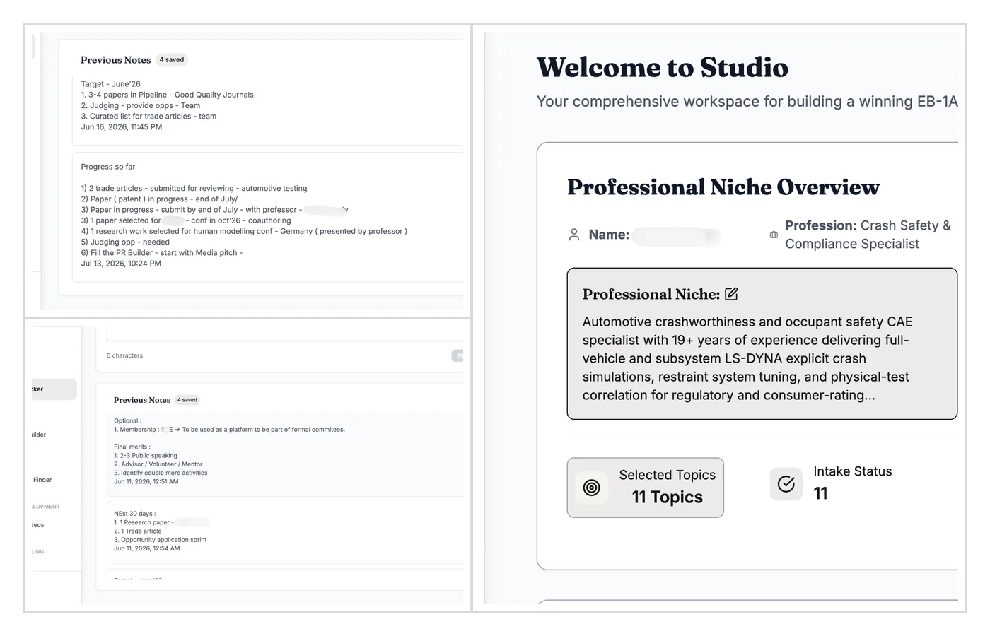 Two-panel UI screenshot: left shows Previous Notes with checklists; right shows 'Welcome to Studio' with 'Professional Niche Overview' and topic count.