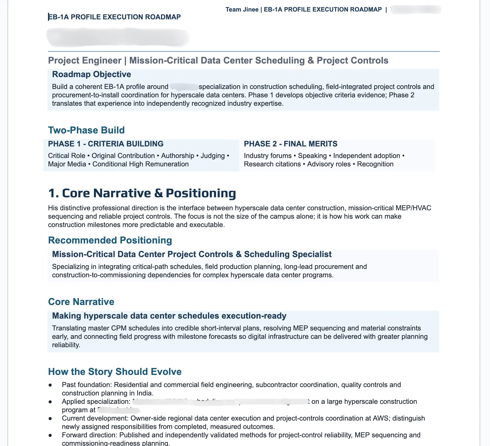 Screenshot of the EB-1A Profile Execution Roadmap page header and the 'Project Engineer | Mission-Critical Data Center Scheduling & Project Controls' section with 'Two-Phase Build' boxes (informational document).